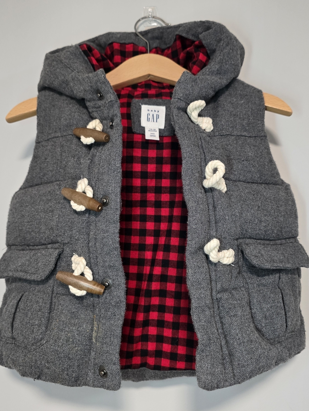 Gap Baby Gray Hooded Puffer Vest with Red Buffalo Check Lining Fall Ready.